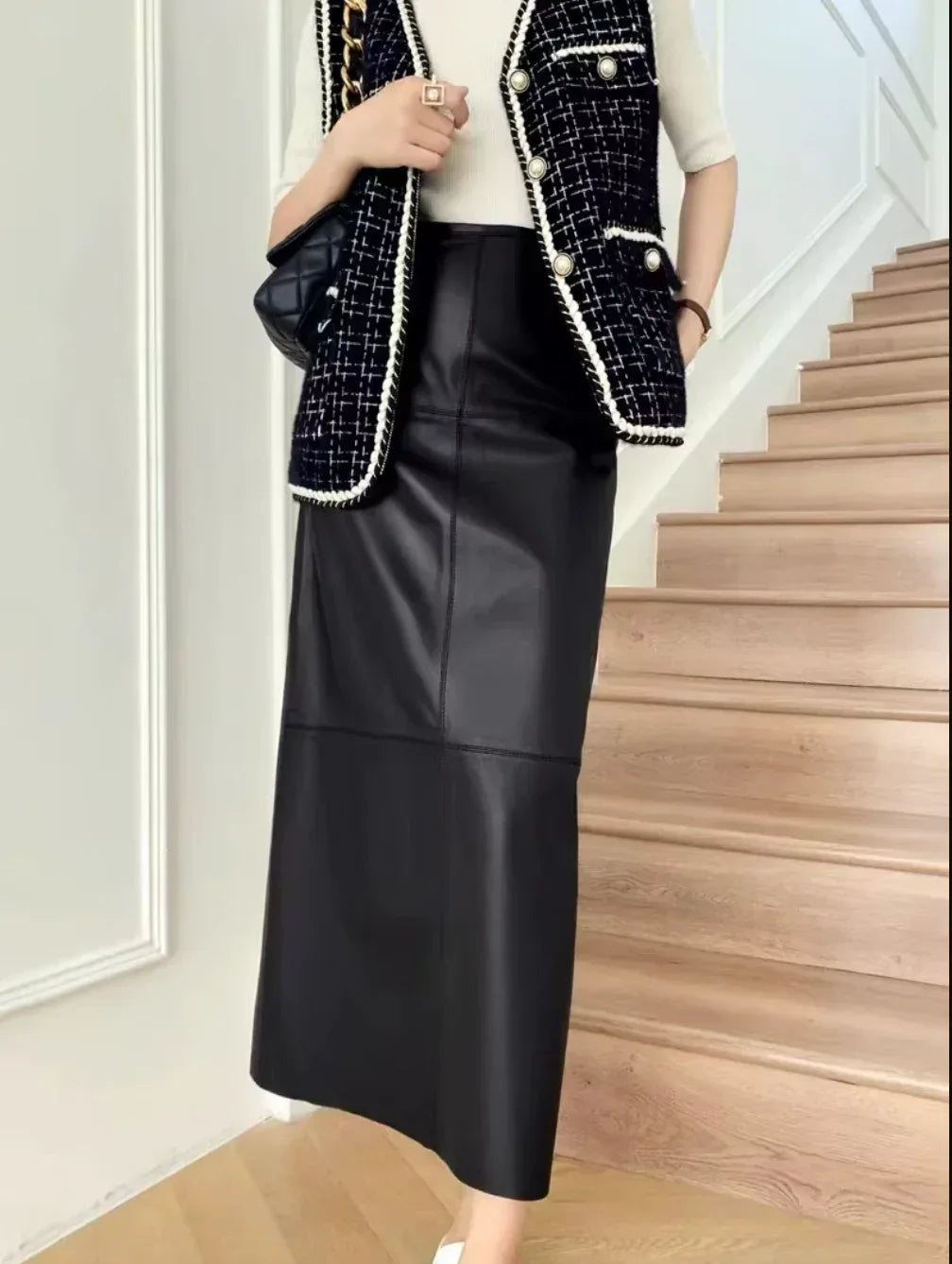 Women Leather Maxi Skirt High Waist Black Ankle Length with Back Slit
