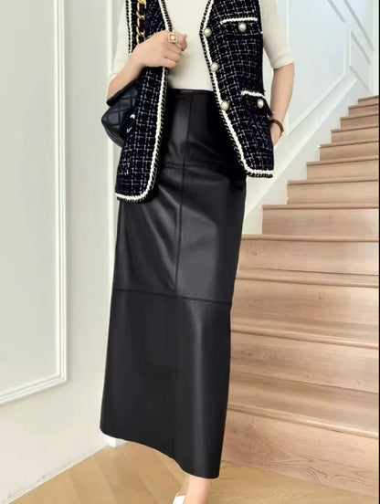 Women Leather Maxi Skirt High Waist Black Ankle Length with Back Slit