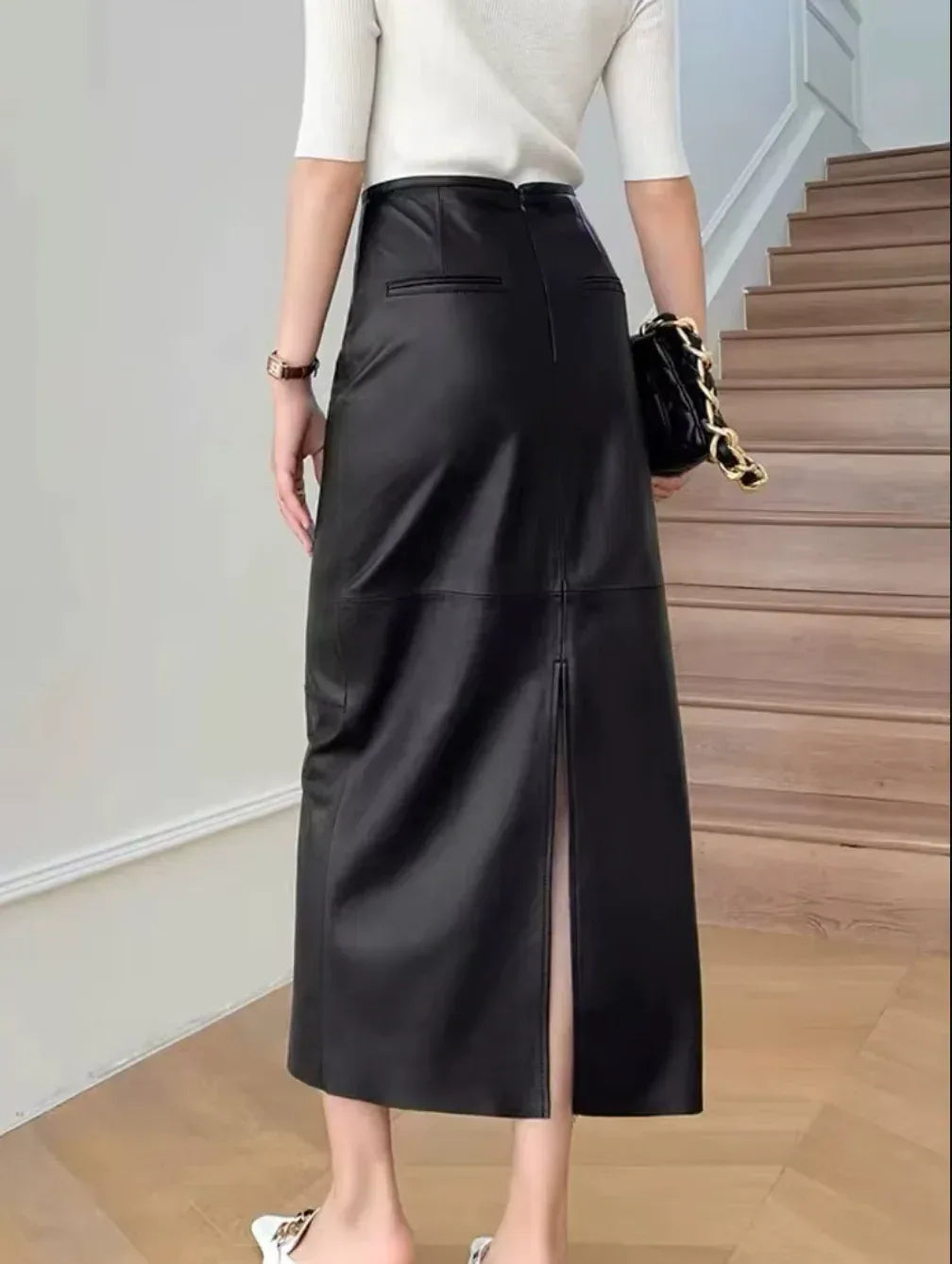 Women Leather Maxi Skirt High Waist Black Ankle Length with Back Slit
