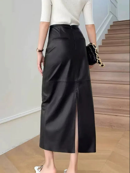 Women Leather Maxi Skirt High Waist Black Ankle Length with Back Slit