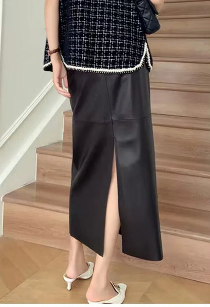 Women Leather Maxi Skirt High Waist Black Ankle Length with Back Slit
