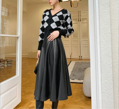 Leather Skirt High Waist Long Pleated Umbrella Hem
