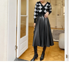 Leather Skirt High Waist Long Pleated Umbrella Hem