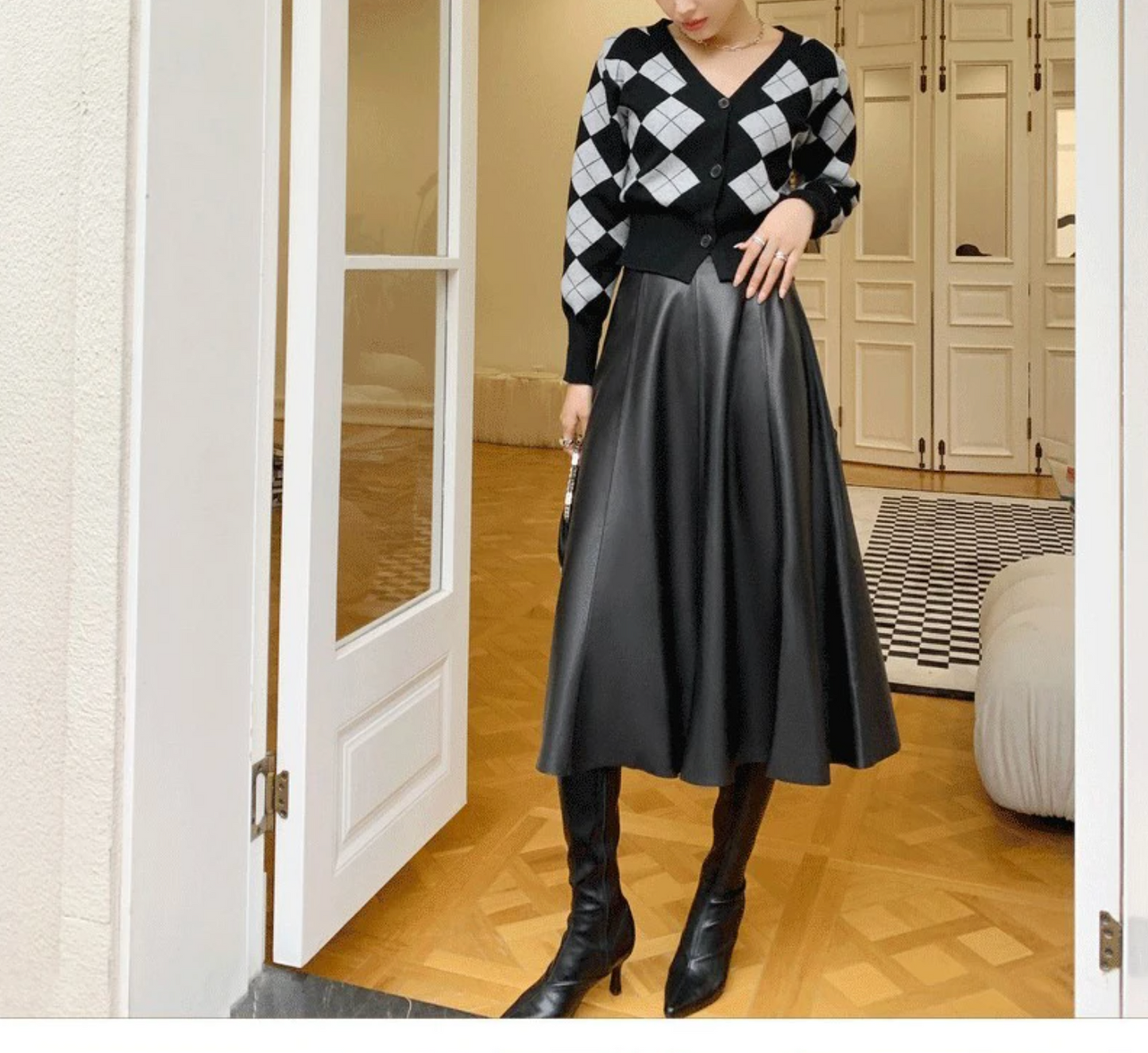 Leather Skirt High Waist Long Pleated Umbrella Hem