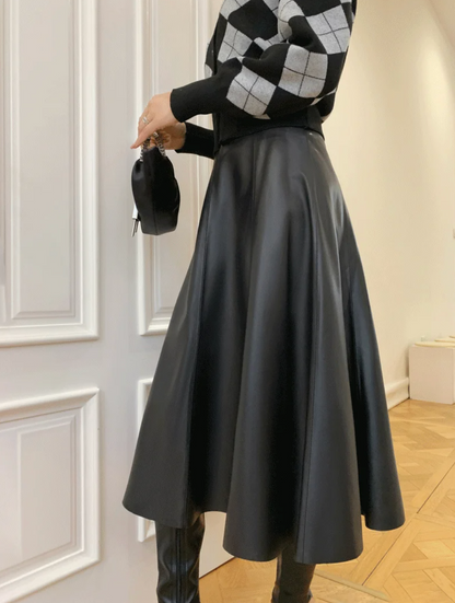 Leather Skirt High Waist Long Pleated Umbrella Hem