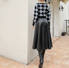 Leather Skirt High Waist Long Pleated Umbrella Hem