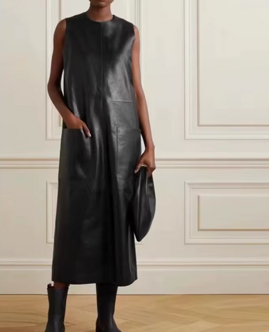 Real Leather Sleeveless Sundress Women Midi Dress with Pockets