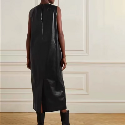Real Leather Sleeveless Sundress Women Midi Dress with Pockets