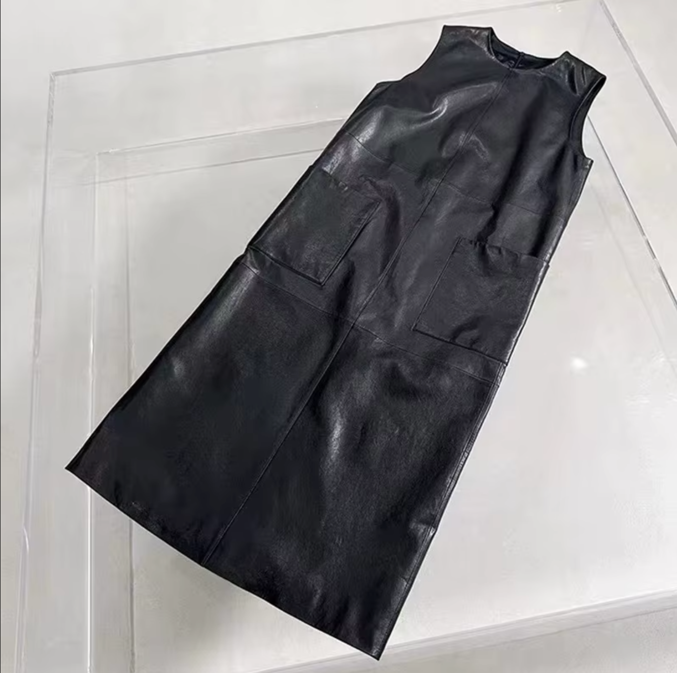 Real Leather Sleeveless Sundress Women Midi Dress with Pockets