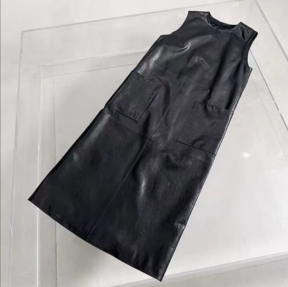 Real Leather Sleeveless Sundress Women Midi Dress with Pockets