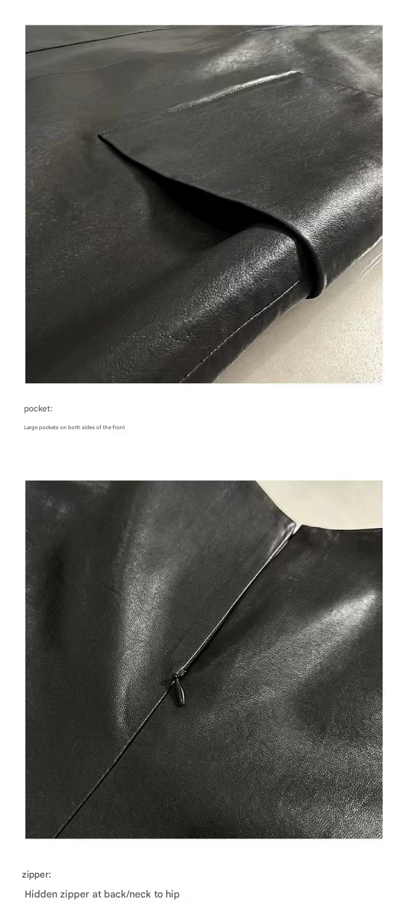 Real Leather Sleeveless Sundress Women Midi Dress with Pockets