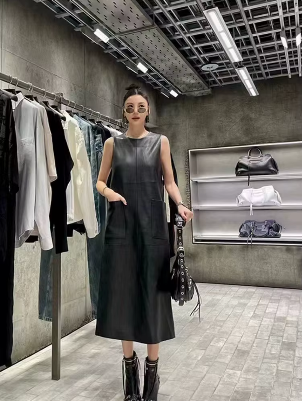 Real Leather Sleeveless Sundress Women Midi Dress with Pockets
