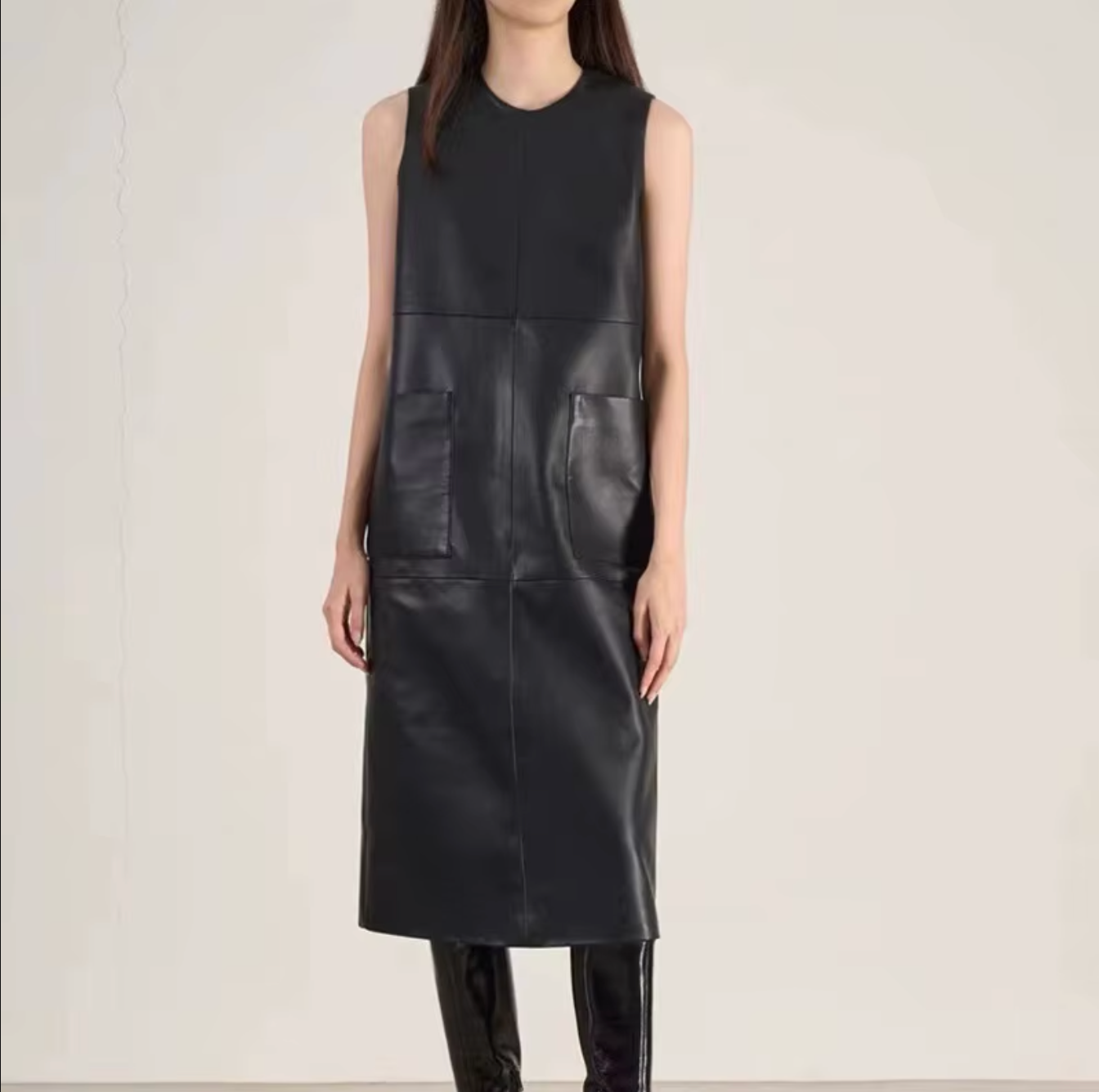Real Leather Sleeveless Sundress Women Midi Dress with Pockets