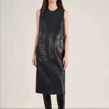 Real Leather Sleeveless Sundress Women Midi Dress with Pockets