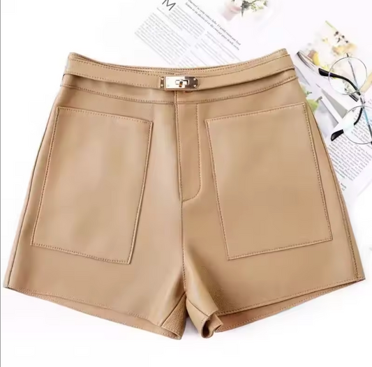 Women Real High Waisted Leather Shorts