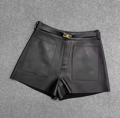 Women Real High Waisted Leather Shorts
