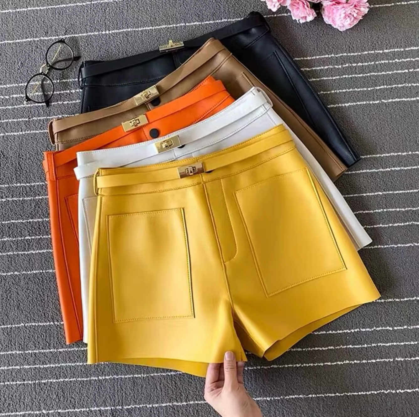 Women Real High Waisted Leather Shorts