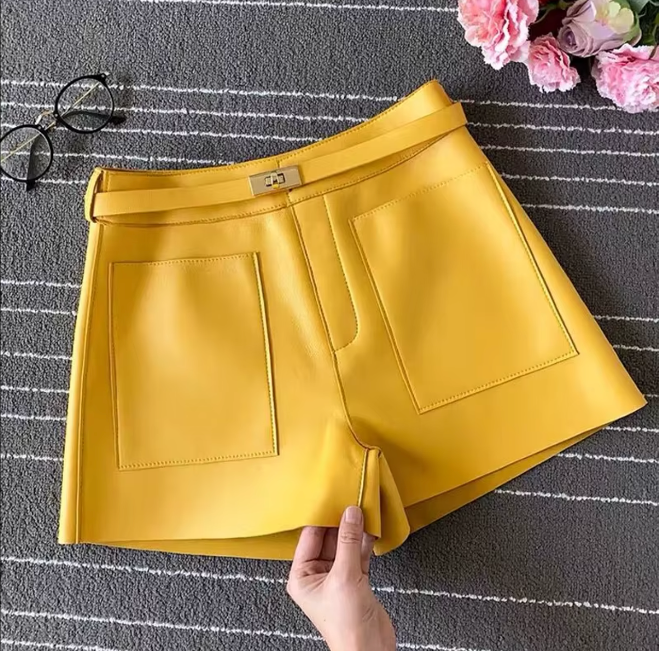 Women Real High Waisted Leather Shorts