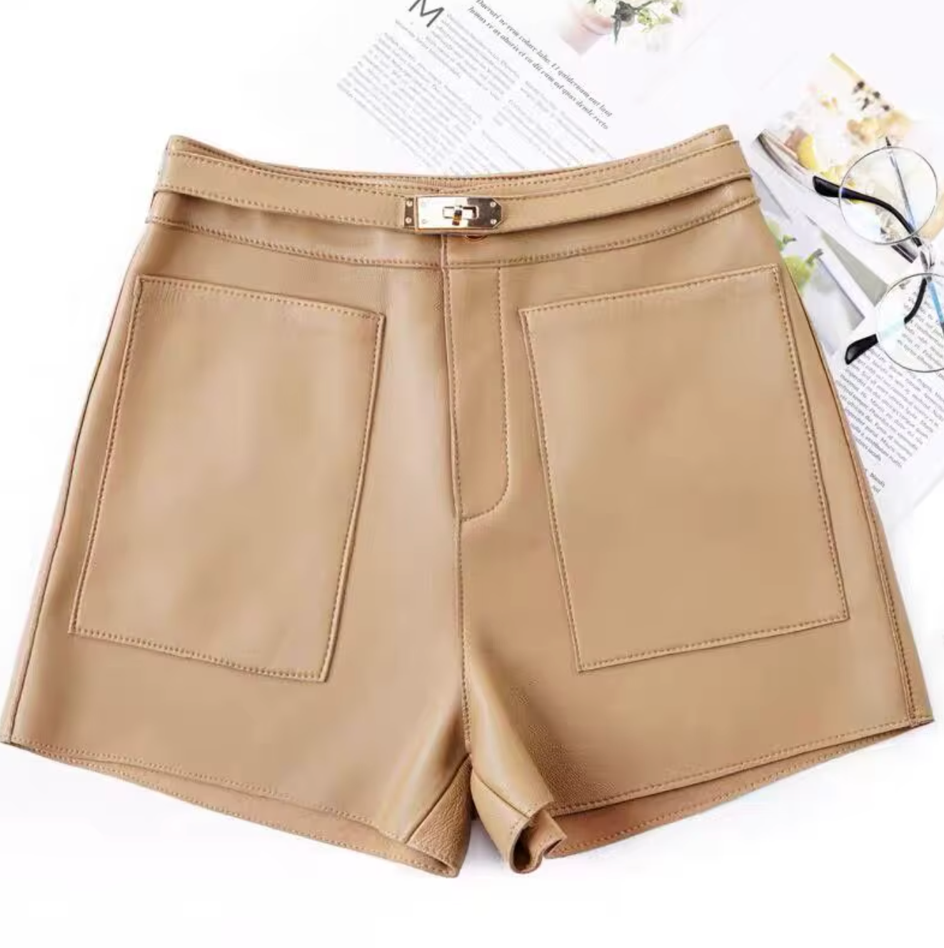 Women Real High Waisted Leather Shorts