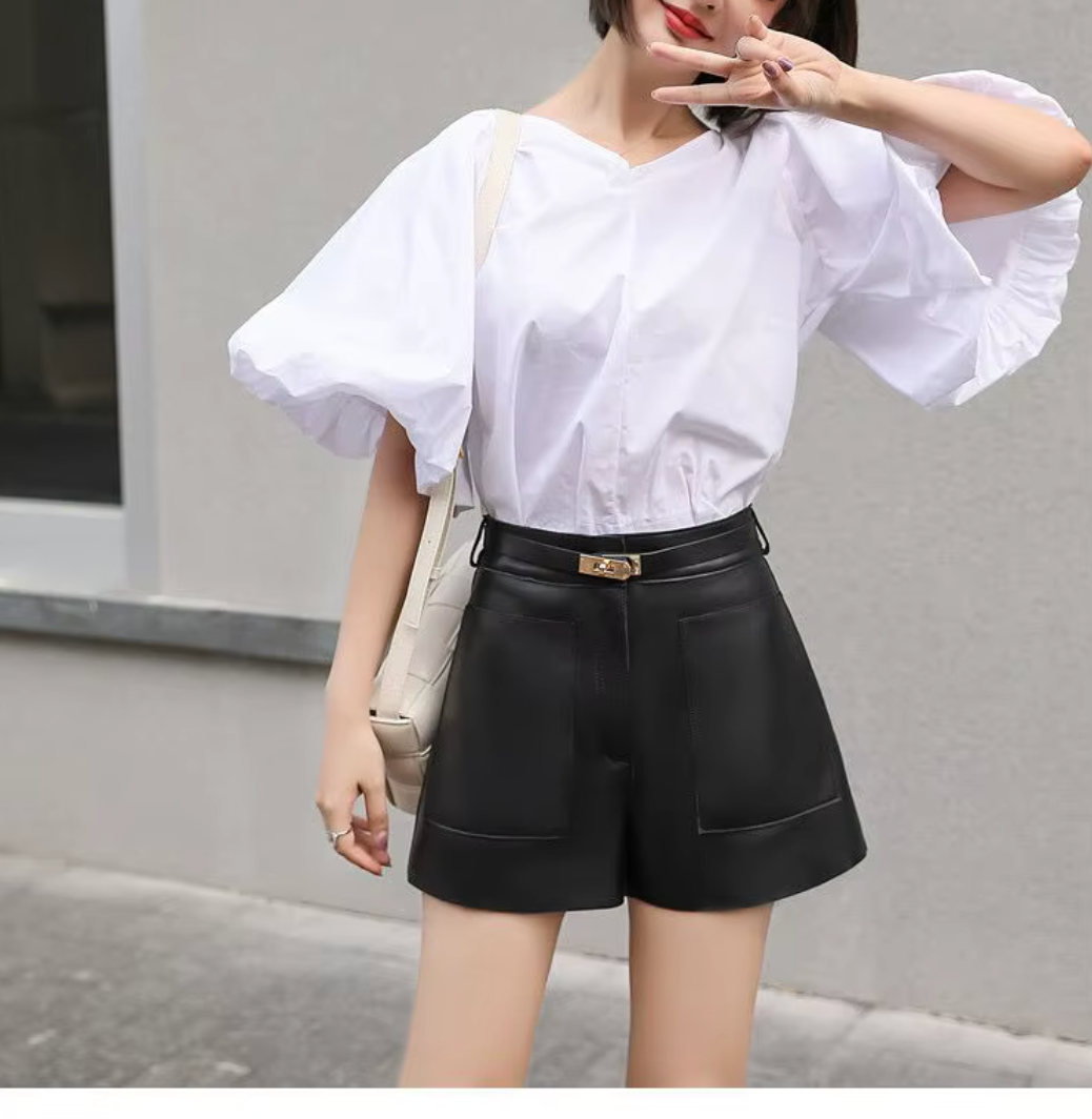 Women Real High Waisted Leather Shorts