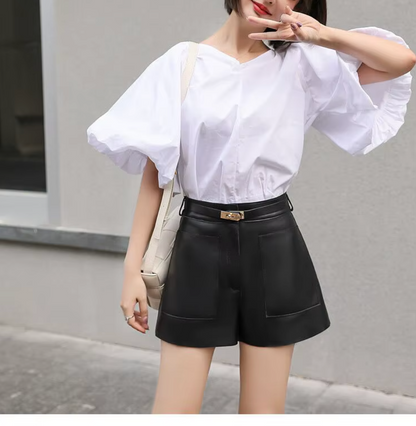 Women Real High Waisted Leather Shorts