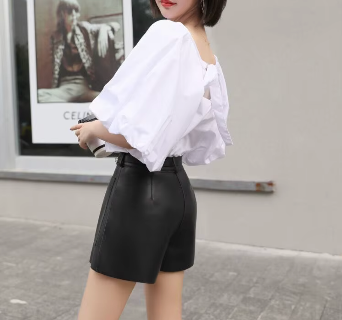 Women Real High Waisted Leather Shorts