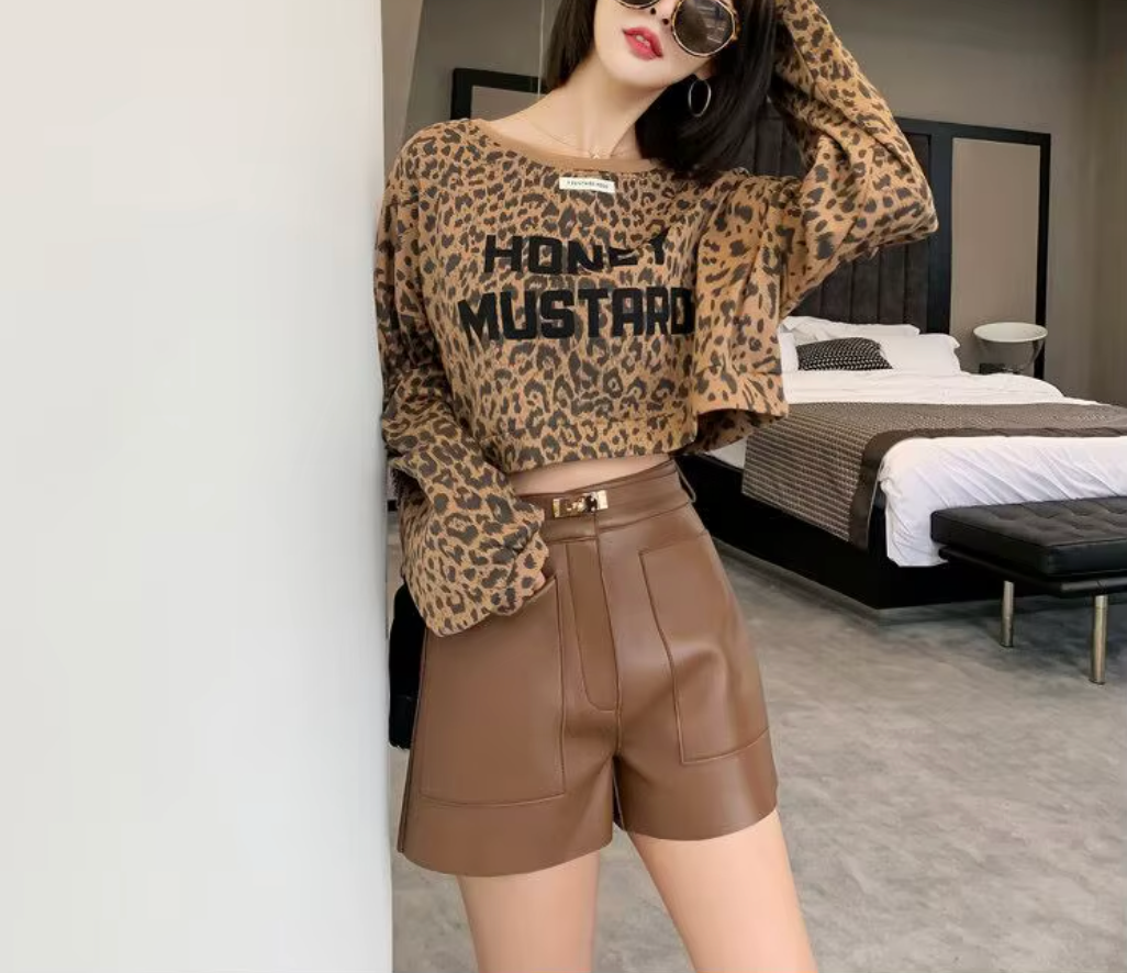 Women Real High Waisted Leather Shorts