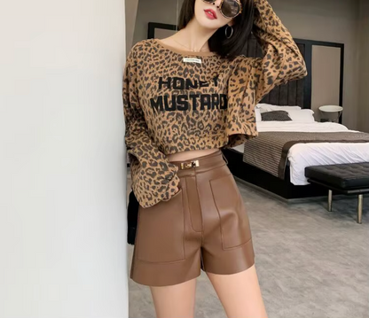 Women Real High Waisted Leather Shorts