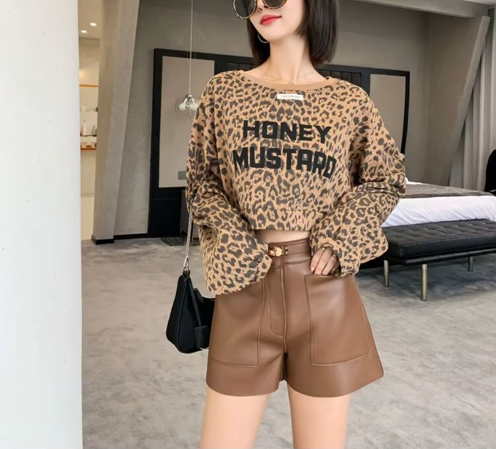Women Real High Waisted Leather Shorts