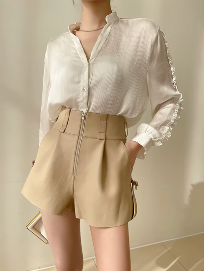 Women Leather Shorts High Waist Casual Zipper
