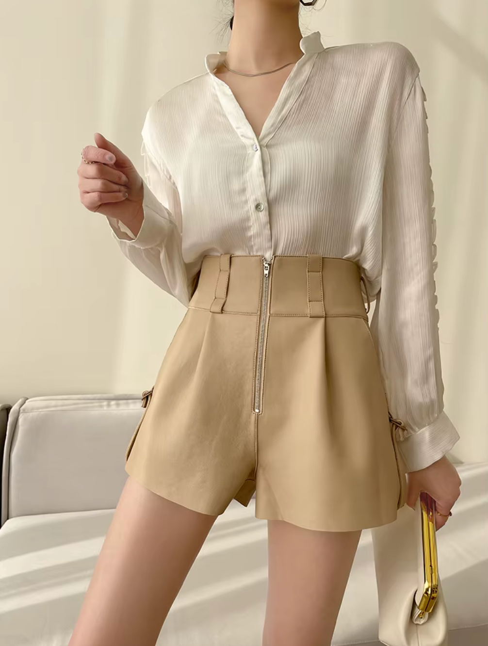 Women Leather Shorts High Waist Casual Zipper