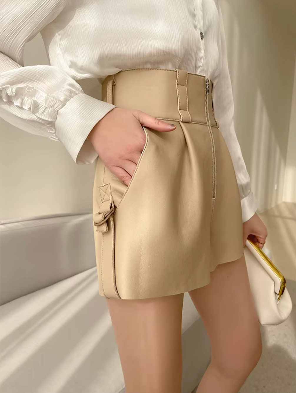 Women Leather Shorts High Waist Casual Zipper