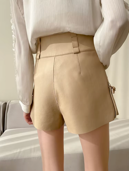 Women Leather Shorts High Waist Casual Zipper