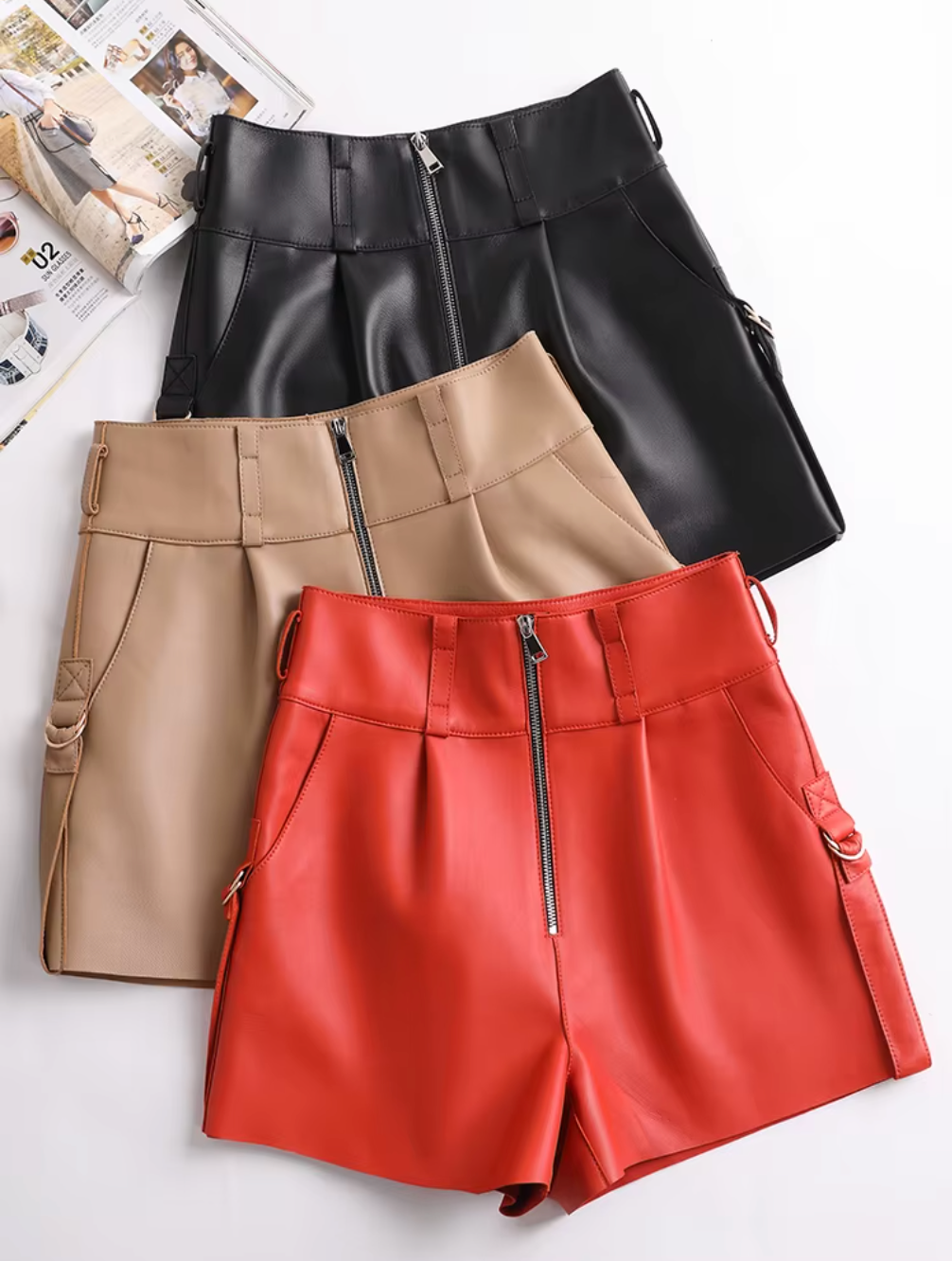 Women Leather Shorts High Waist Casual Zipper