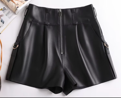 Women Leather Shorts High Waist Casual Zipper
