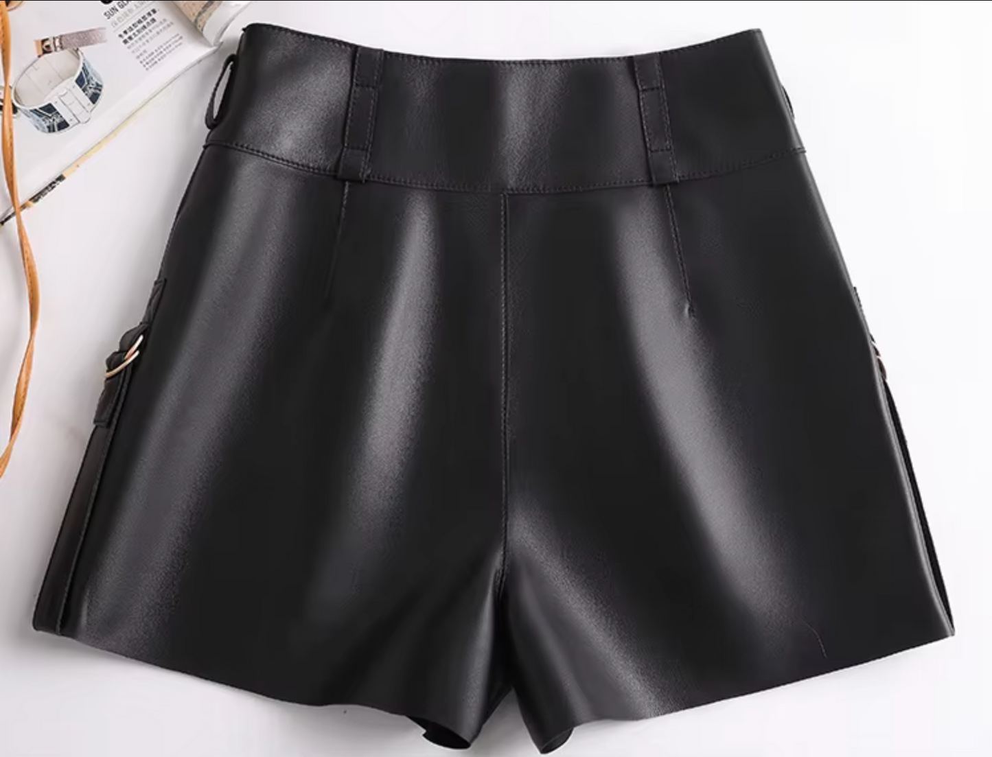 Women Leather Shorts High Waist Casual Zipper