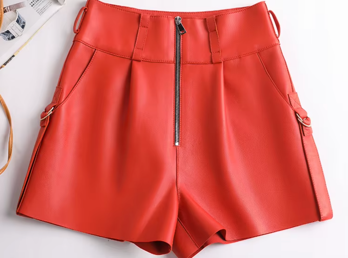 Women Leather Shorts High Waist Casual Zipper