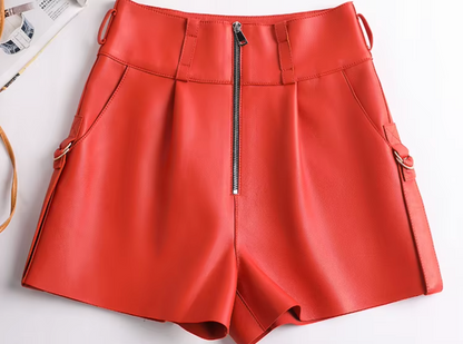 Women Leather Shorts High Waist Casual Zipper