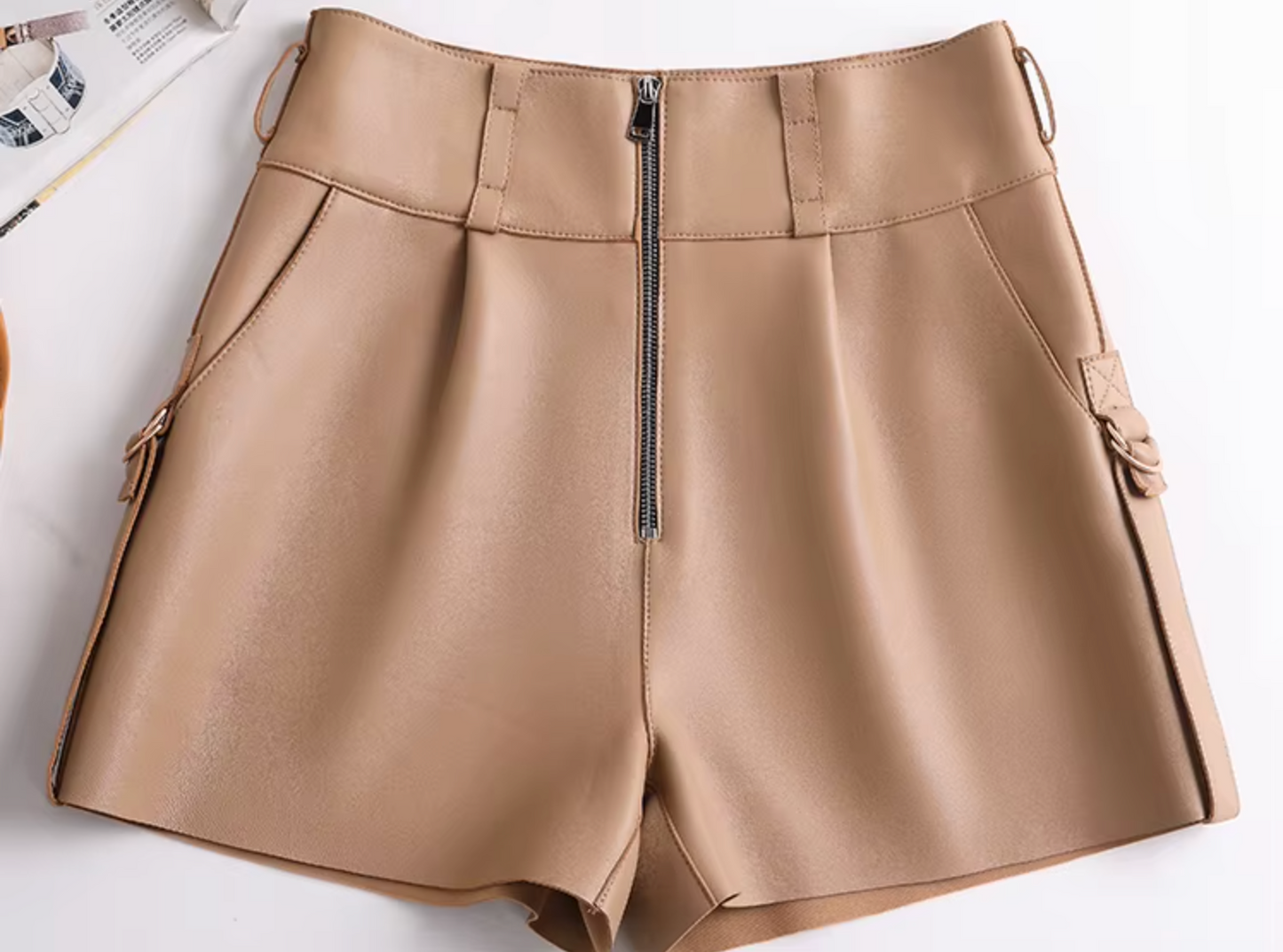 Women Leather Shorts High Waist Casual Zipper