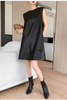 Women Black Genuine Leather Mini Dress Sleeveless Round Neck