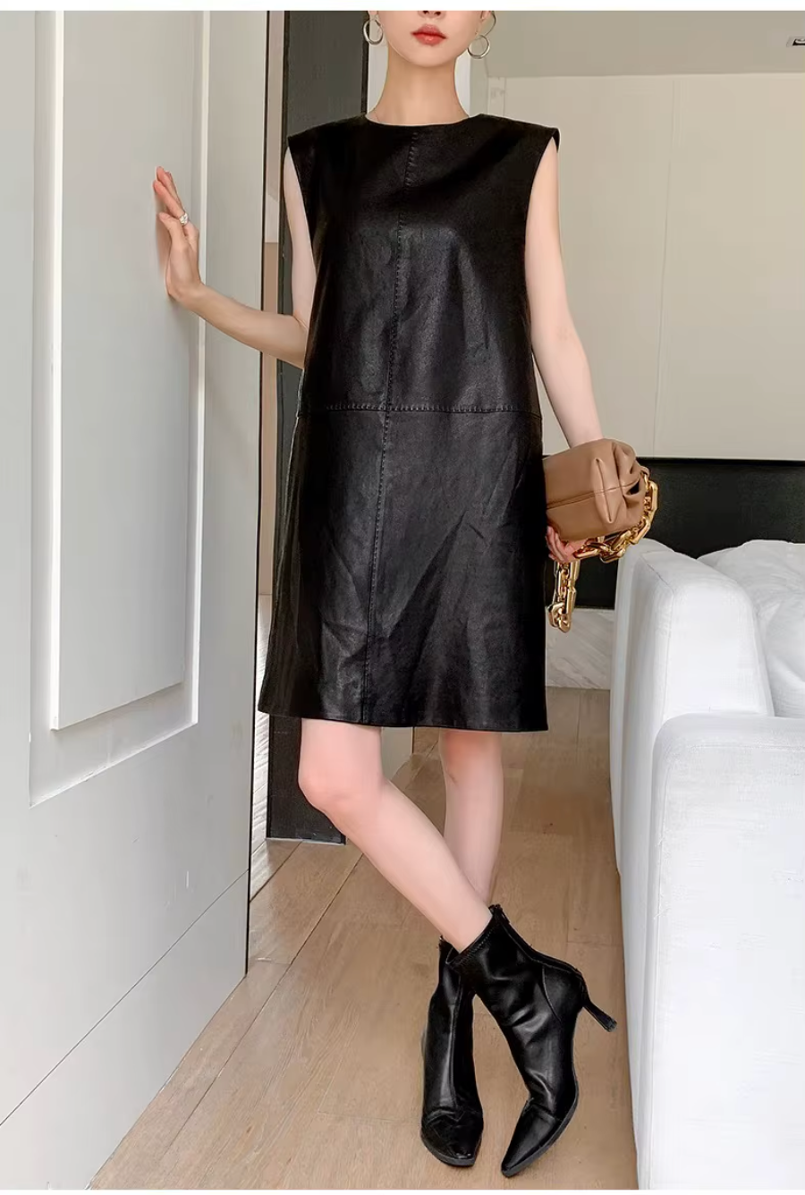 Women Black Genuine Leather Mini Dress Sleeveless Round Neck