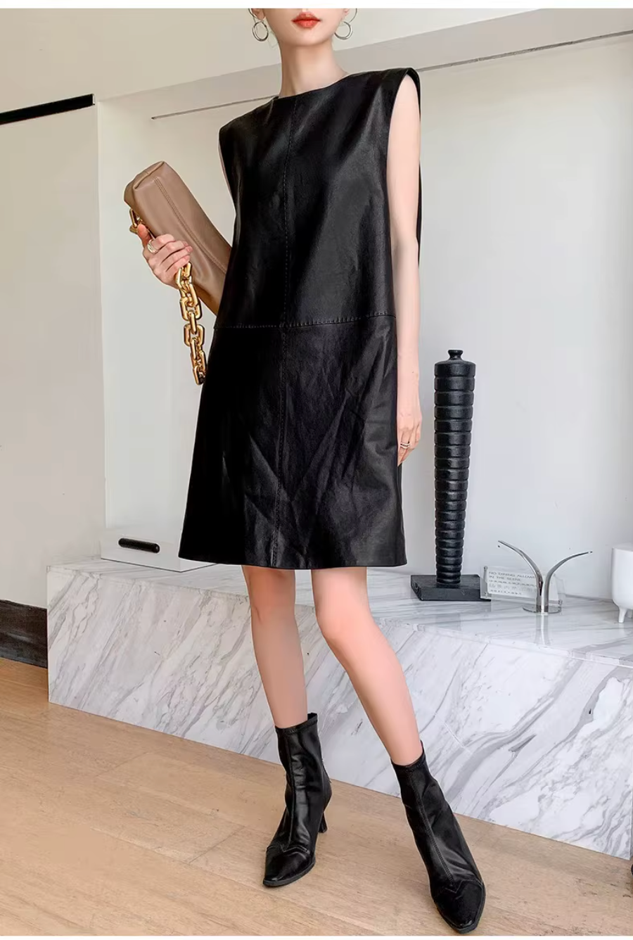 Women Black Genuine Leather Mini Dress Sleeveless Round Neck