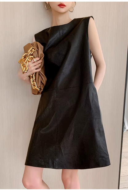Women Black Genuine Leather Mini Dress Sleeveless Round Neck