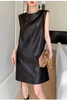 Women Black Genuine Leather Mini Dress Sleeveless Round Neck