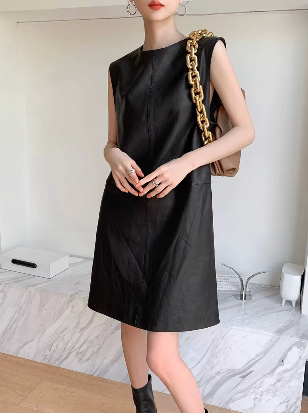 Women Black Genuine Leather Mini Dress Sleeveless Round Neck