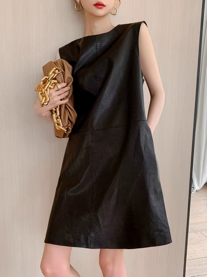 Women Black Genuine Leather Mini Dress Sleeveless Round Neck