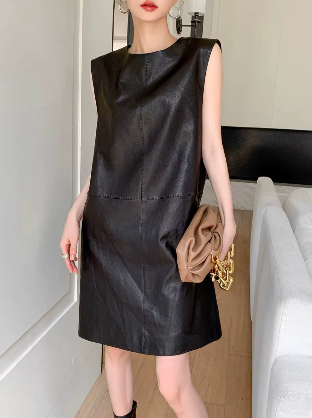 Women Black Genuine Leather Mini Dress Sleeveless Round Neck