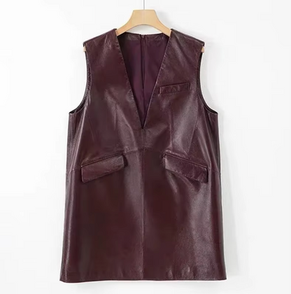 Wine Red Genuine Leather Dress Vest for Women Oversized Sleeveless