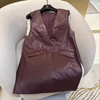 Wine Red Genuine Leather Dress Vest for Women Oversized Sleeveless