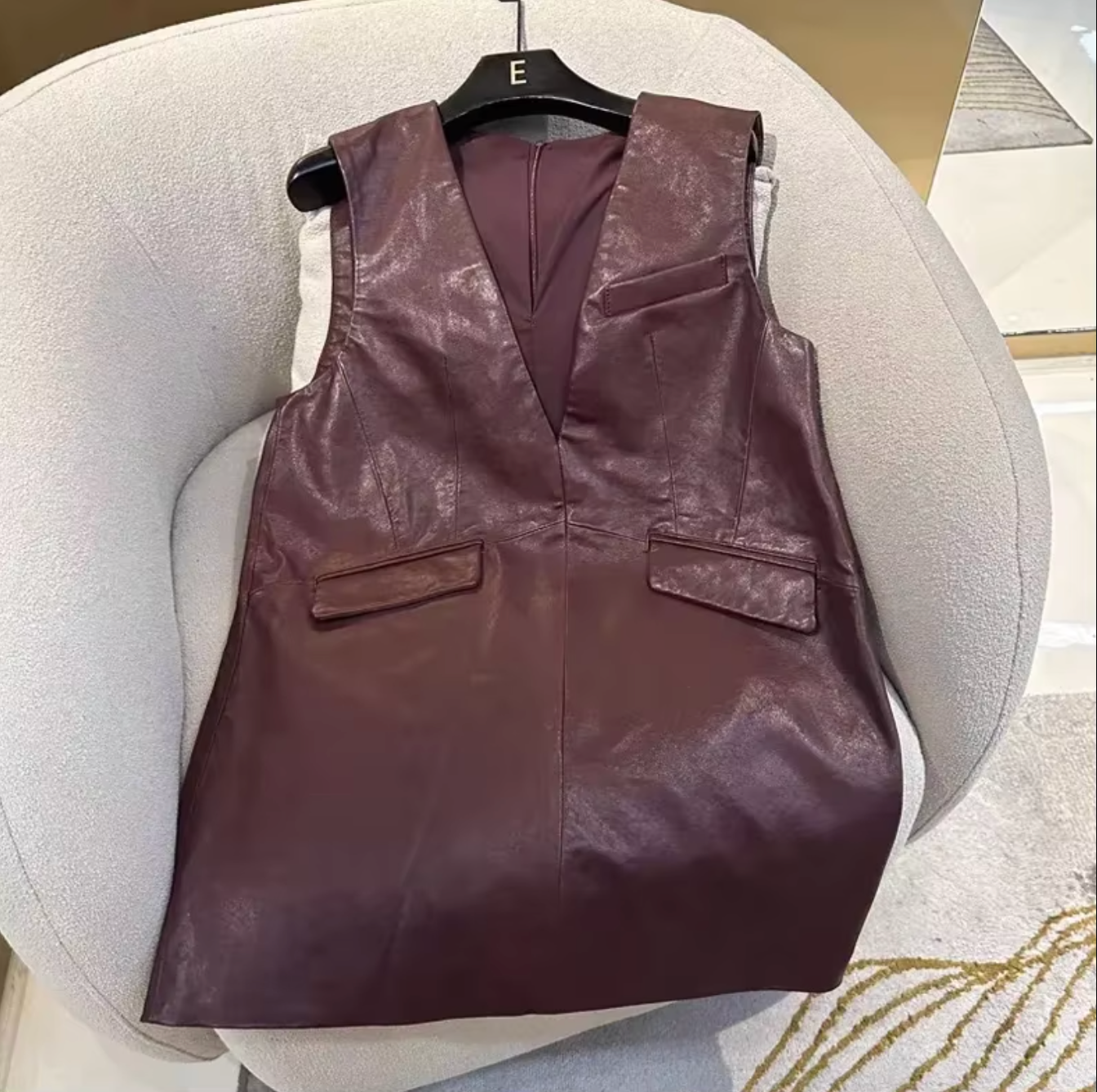 Wine Red Genuine Leather Dress Vest for Women Oversized Sleeveless